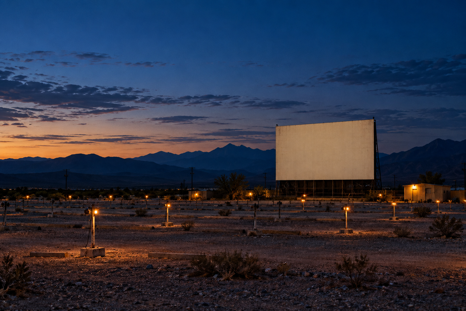 A quiet desert drive-in at blue hour, with a warmly lit cinema screen